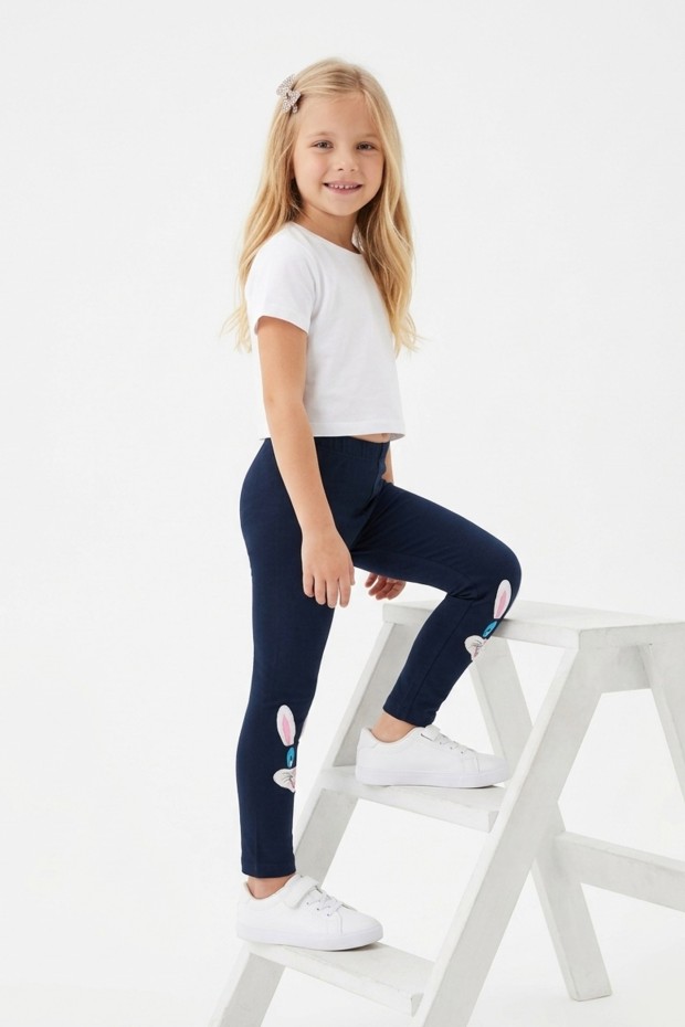 Kız Çocuk Tavşan Nakışlı Fiyonk Detaylı Esnek Pamuklu Tayt