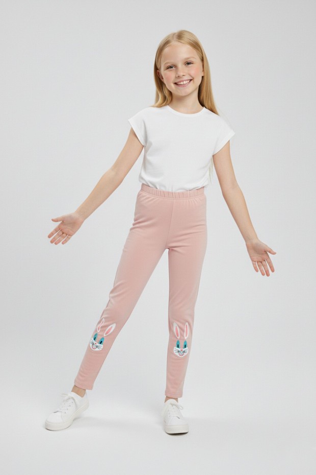 Kız Çocuk Tavşan Nakışlı Fiyonk Detaylı Esnek Pamuklu Tayt