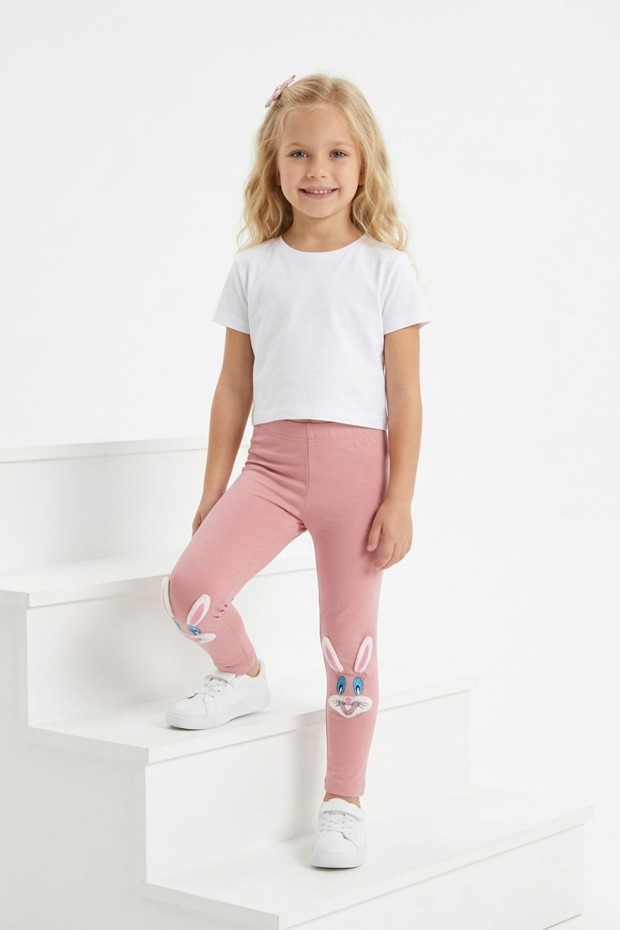 Kız Çocuk Tavşan Nakışlı Fiyonk Detaylı Esnek Pamuklu Tayt