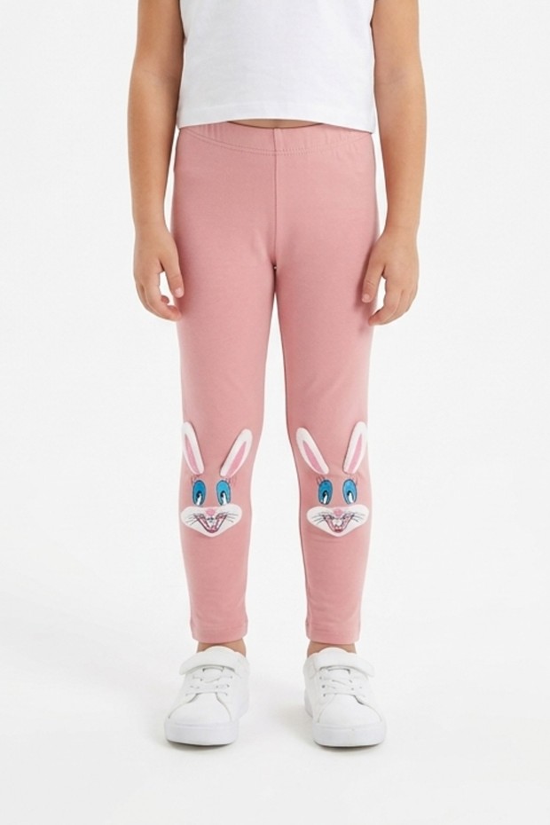 Kız Çocuk Tavşan Nakışlı Fiyonk Detaylı Esnek Pamuklu Tayt