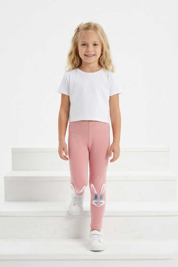 Kız Çocuk Tavşan Nakışlı Fiyonk Detaylı Esnek Pamuklu Tayt