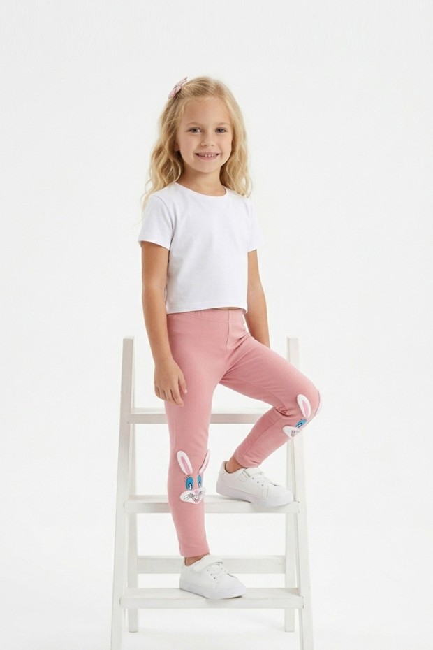 Kız Çocuk Tavşan Nakışlı Fiyonk Detaylı Esnek Pamuklu Tayt