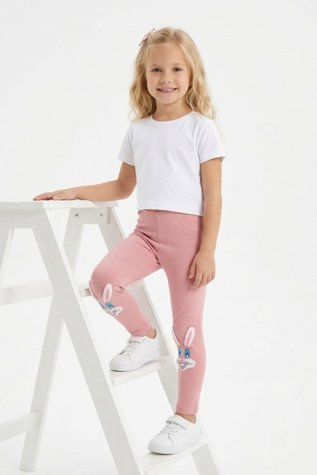 Kız Çocuk Tavşan Nakışlı Fiyonk Detaylı Esnek Pamuklu Tayt