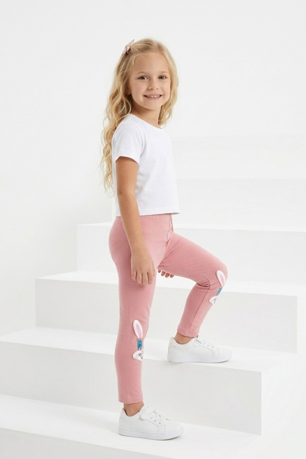 Kız Çocuk Tavşan Nakışlı Fiyonk Detaylı Esnek Pamuklu Tayt