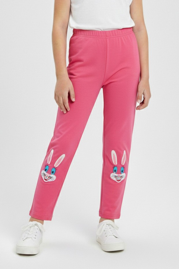 Kız Çocuk Tavşan Nakışlı Fiyonk Detaylı Esnek Pamuklu Tayt