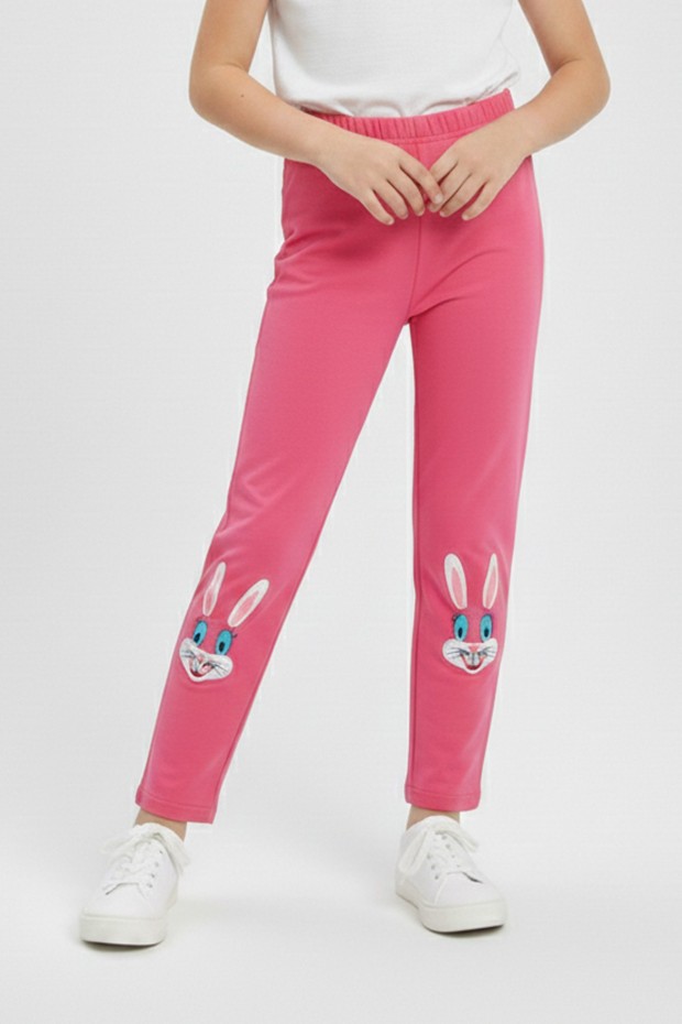 Kız Çocuk Tavşan Nakışlı Fiyonk Detaylı Esnek Pamuklu Tayt