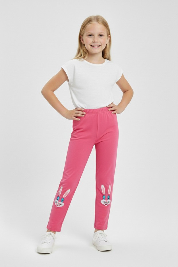 Kız Çocuk Tavşan Nakışlı Fiyonk Detaylı Esnek Pamuklu Tayt