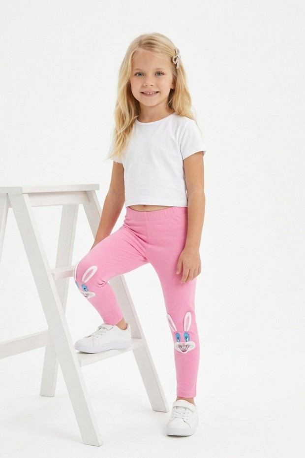 Kız Çocuk Tavşan Nakışlı Fiyonk Detaylı Esnek Pamuklu Tayt