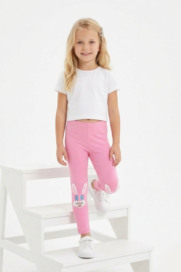 Kız Çocuk Tavşan Nakışlı Fiyonk Detaylı Esnek Pamuklu Tayt