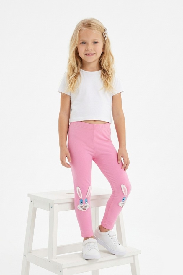 Kız Çocuk Tavşan Nakışlı Fiyonk Detaylı Esnek Pamuklu Tayt