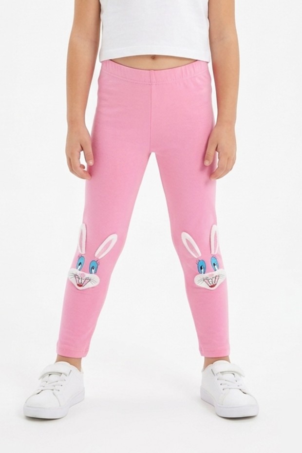 Kız Çocuk Tavşan Nakışlı Fiyonk Detaylı Esnek Pamuklu Tayt