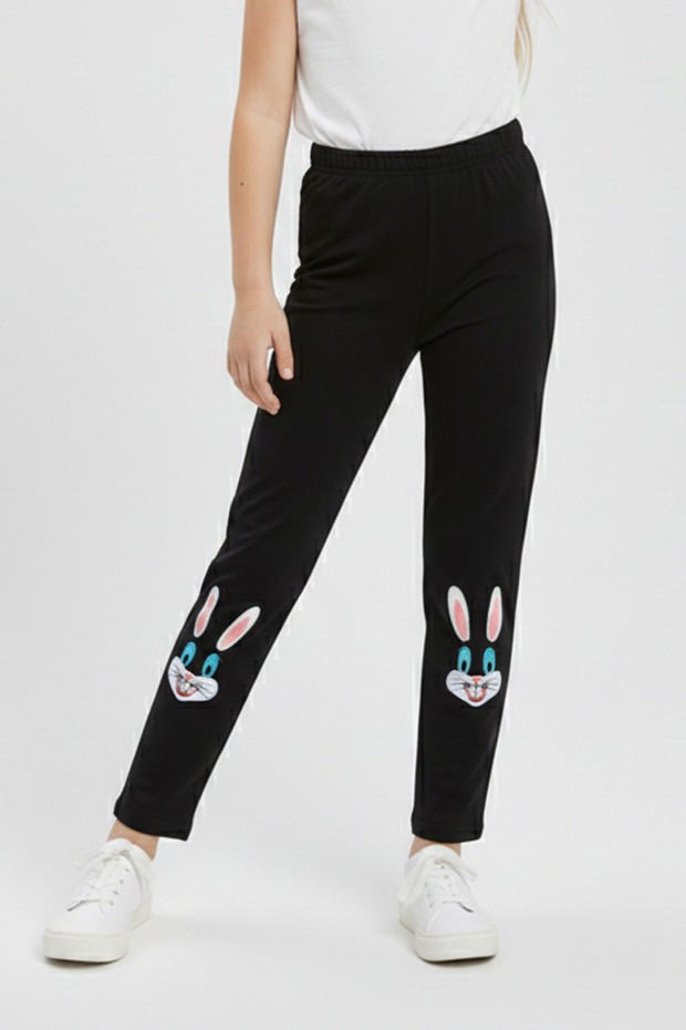 Kız Çocuk Tavşan Nakışlı Fiyonk Detaylı Esnek Pamuklu Tayt