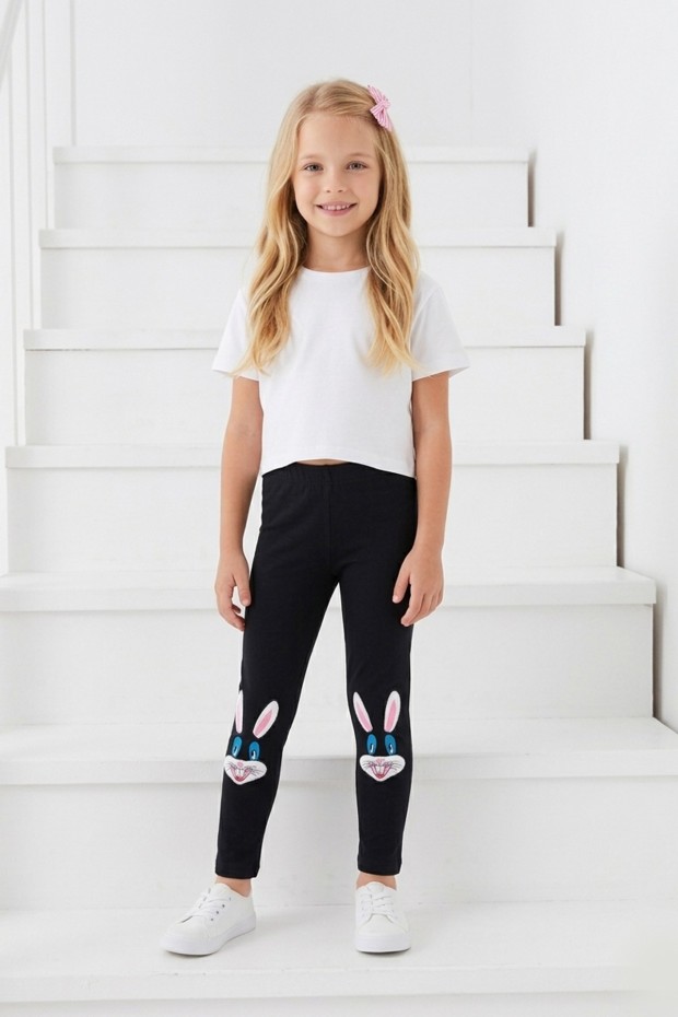 Kız Çocuk Tavşan Nakışlı Fiyonk Detaylı Esnek Pamuklu Tayt