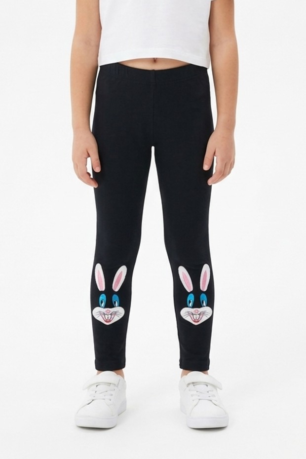 Kız Çocuk Tavşan Nakışlı Fiyonk Detaylı Esnek Pamuklu Tayt