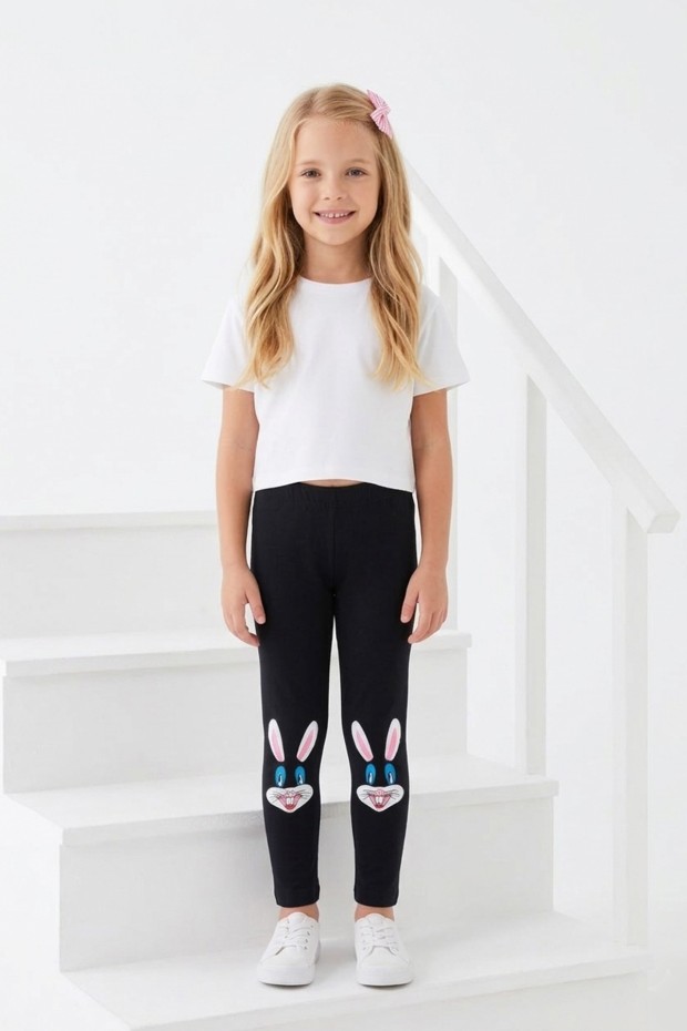 Kız Çocuk Tavşan Nakışlı Fiyonk Detaylı Esnek Pamuklu Tayt