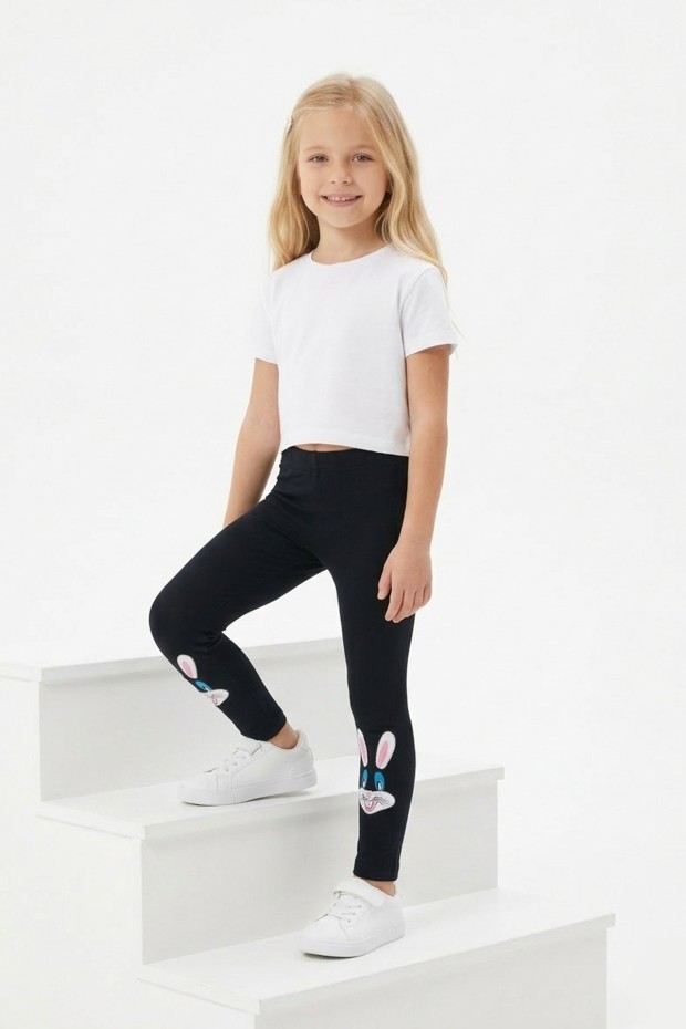 Kız Çocuk Tavşan Nakışlı Fiyonk Detaylı Esnek Pamuklu Tayt