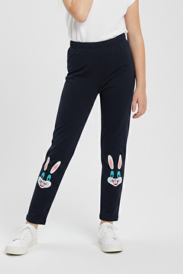 Kız Çocuk Tavşan Nakışlı Fiyonk Detaylı Esnek Pamuklu Tayt