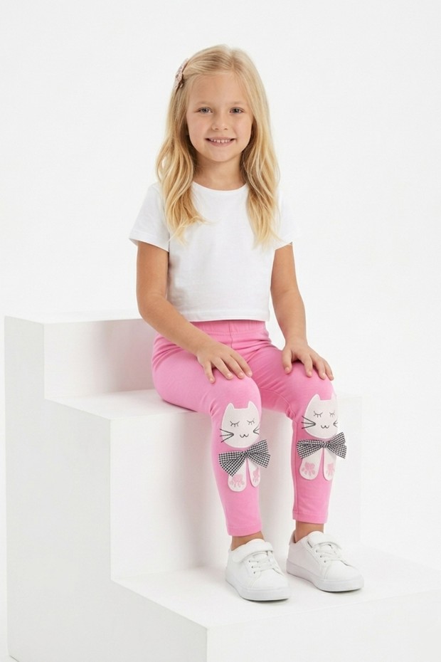 Kız Çocuk Kedi Nakışlı Ve Fiyonk Detaylı Esnek Pamuklu Tayt