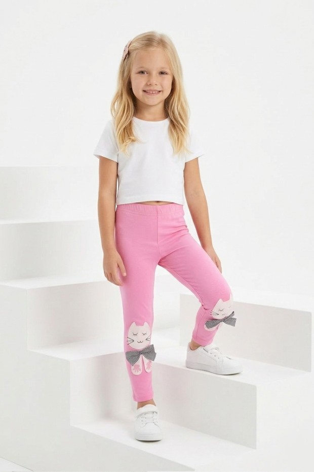 Kız Çocuk Kedi Nakışlı Ve Fiyonk Detaylı Esnek Pamuklu Tayt