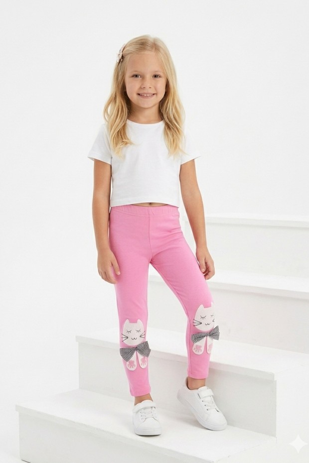 Kız Çocuk Kedi Nakışlı Ve Fiyonk Detaylı Esnek Pamuklu Tayt
