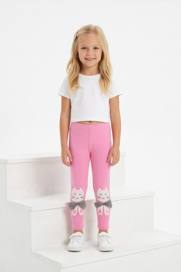 Kız Çocuk Kedi Nakışlı Ve Fiyonk Detaylı Esnek Pamuklu Tayt