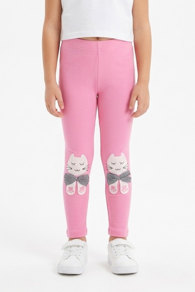 Kız Çocuk Kedi Nakışlı Ve Fiyonk Detaylı Esnek Pamuklu Tayt