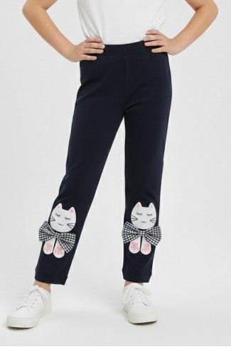 Kız Çocuk Kedi Nakışlı Ve Fiyonk Detaylı Esnek Pamuklu Tayt