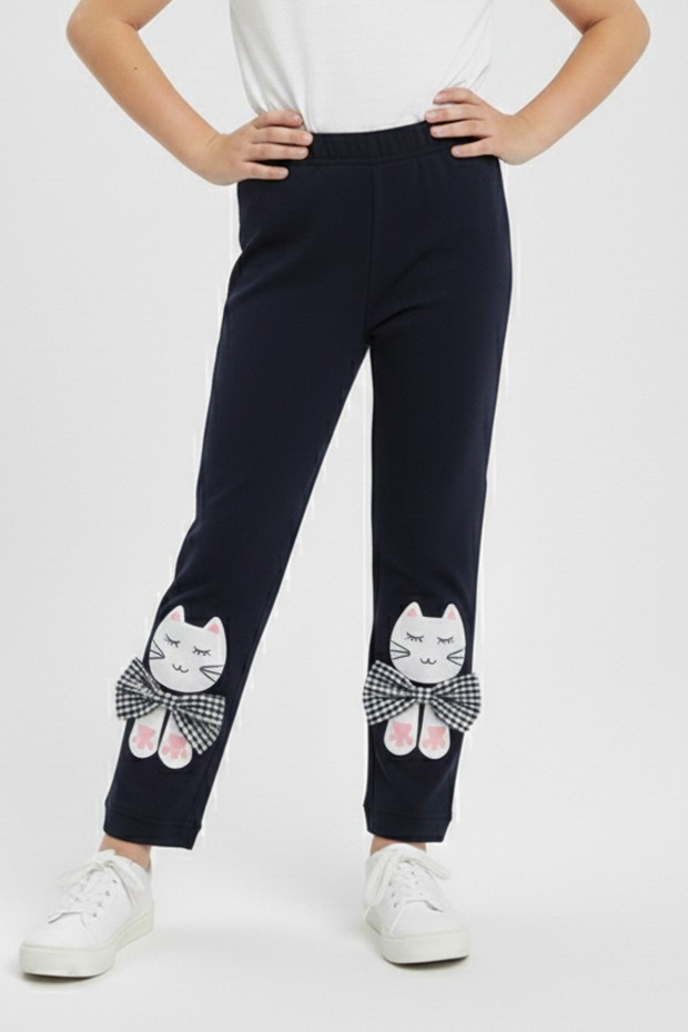 Kız Çocuk Kedi Nakışlı Ve Fiyonk Detaylı Esnek Pamuklu Tayt