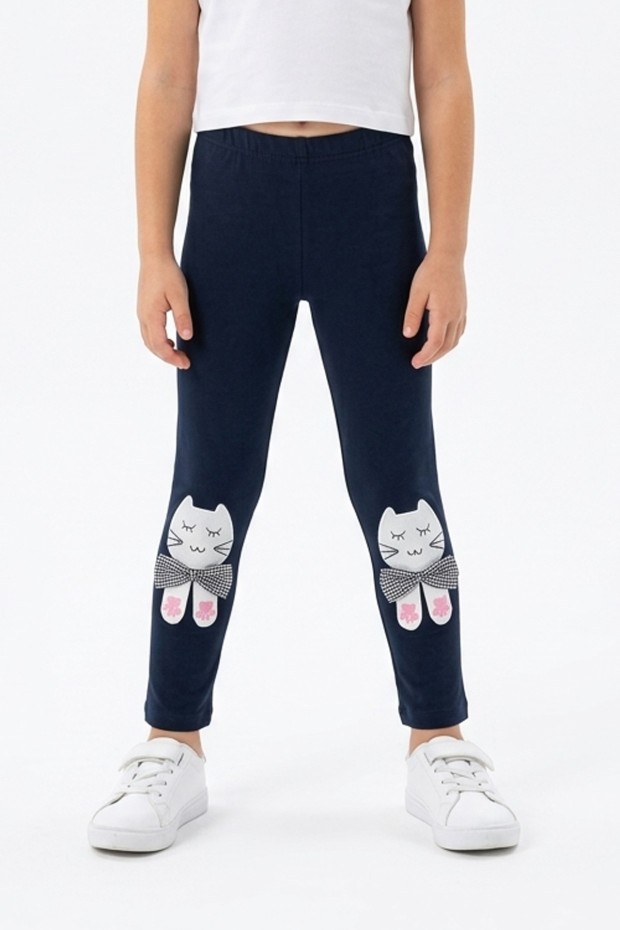 Kız Çocuk Kedi Nakışlı Ve Fiyonk Detaylı Esnek Pamuklu Tayt