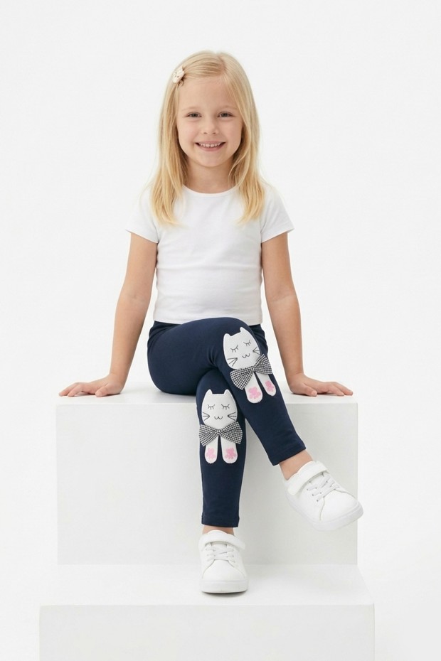 Kız Çocuk Kedi Nakışlı Ve Fiyonk Detaylı Esnek Pamuklu Tayt