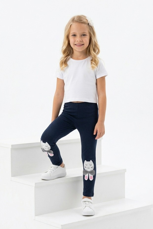 Kız Çocuk Kedi Nakışlı Ve Fiyonk Detaylı Esnek Pamuklu Tayt