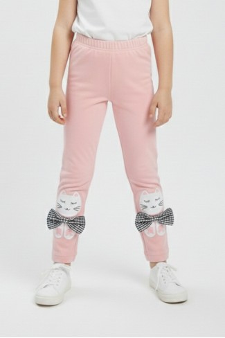 Kız Çocuk Kedi Nakışlı Ve Fiyonk Detaylı Esnek Pamuklu Tayt