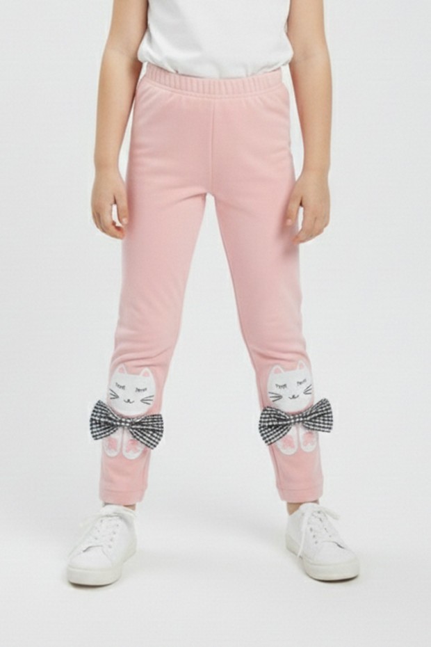 Kız Çocuk Kedi Nakışlı Ve Fiyonk Detaylı Esnek Pamuklu Tayt