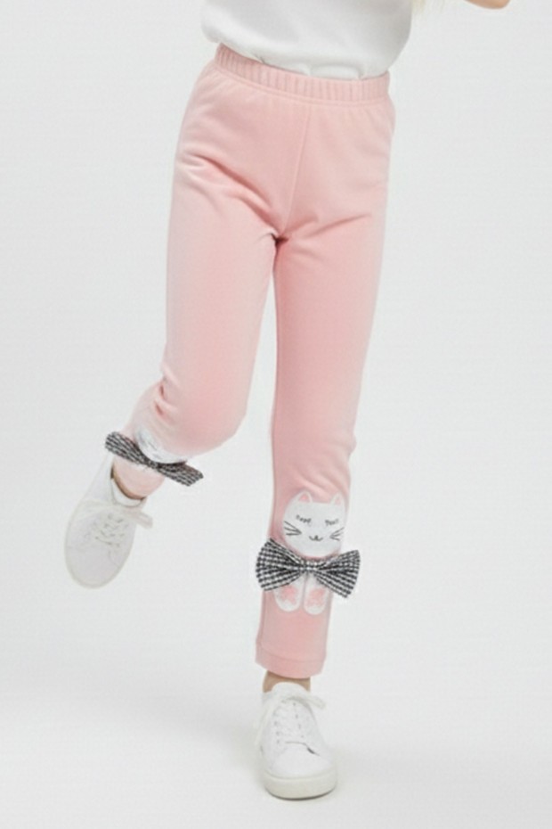 Kız Çocuk Kedi Nakışlı Ve Fiyonk Detaylı Esnek Pamuklu Tayt