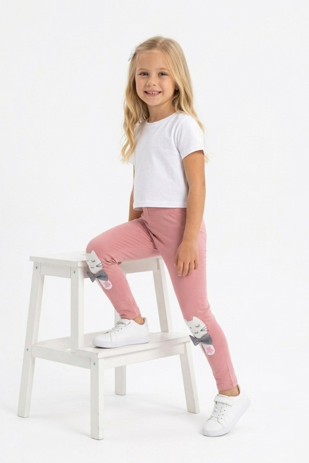 Kız Çocuk Kedi Nakışlı Ve Fiyonk Detaylı Esnek Pamuklu Tayt