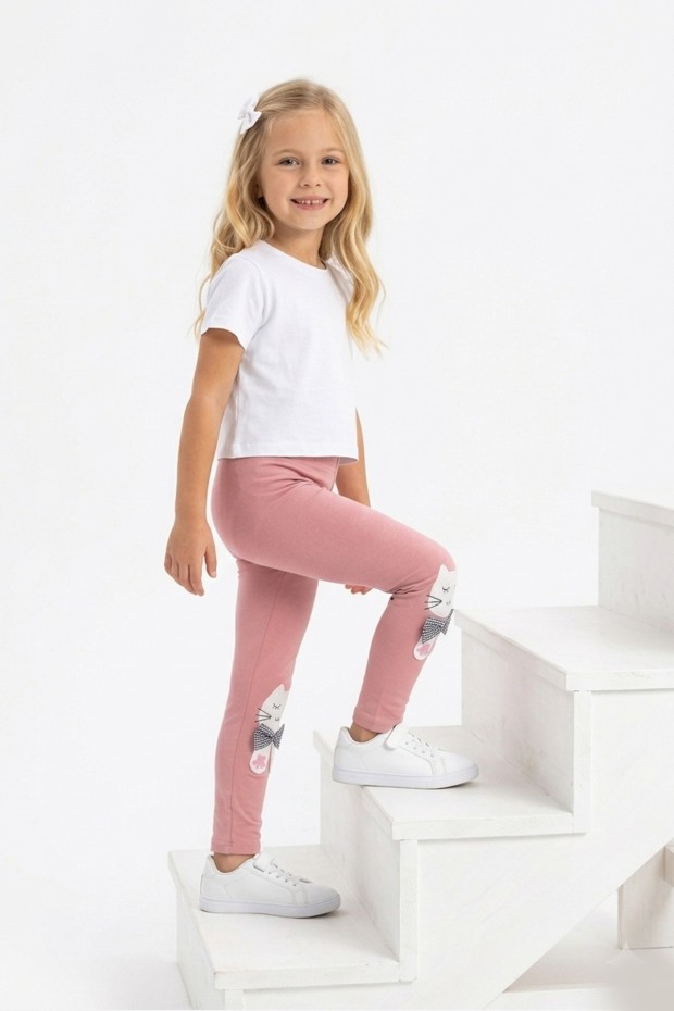 Kız Çocuk Kedi Nakışlı Ve Fiyonk Detaylı Esnek Pamuklu Tayt