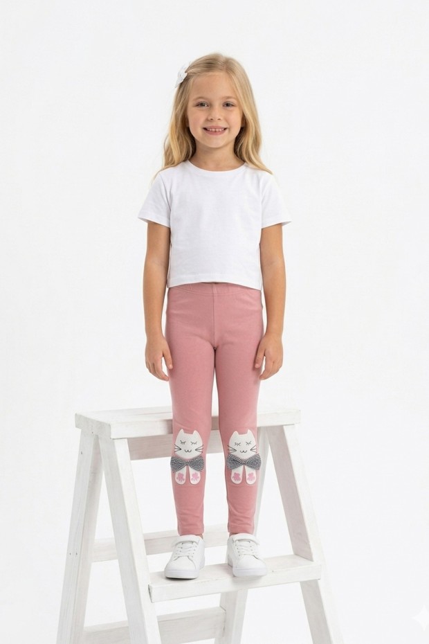 Kız Çocuk Kedi Nakışlı Ve Fiyonk Detaylı Esnek Pamuklu Tayt