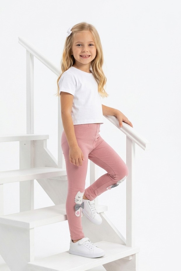 Kız Çocuk Kedi Nakışlı Ve Fiyonk Detaylı Esnek Pamuklu Tayt