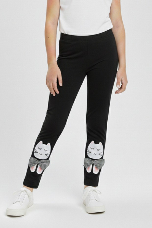 Kız Çocuk Kedi Nakışlı Ve Fiyonk Detaylı Esnek Pamuklu Tayt