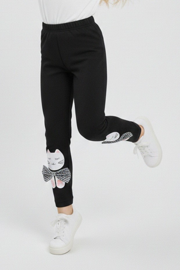 Kız Çocuk Kedi Nakışlı Ve Fiyonk Detaylı Esnek Pamuklu Tayt