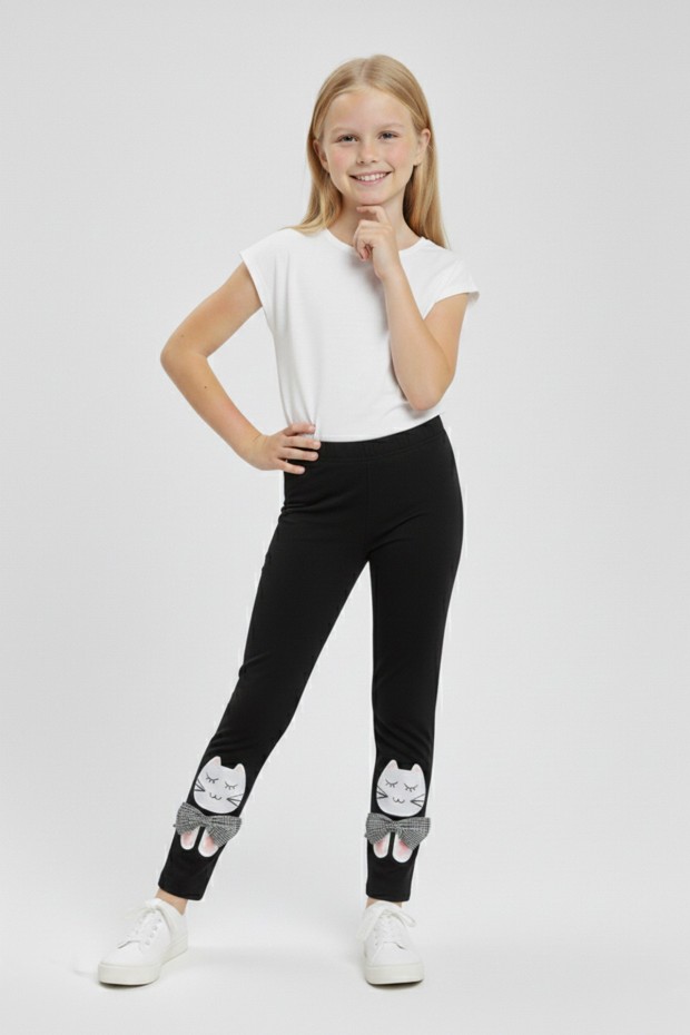 Kız Çocuk Kedi Nakışlı Ve Fiyonk Detaylı Esnek Pamuklu Tayt