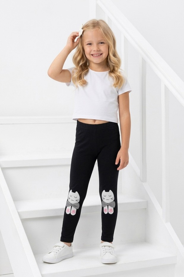 Kız Çocuk Kedi Nakışlı Ve Fiyonk Detaylı Esnek Pamuklu Tayt