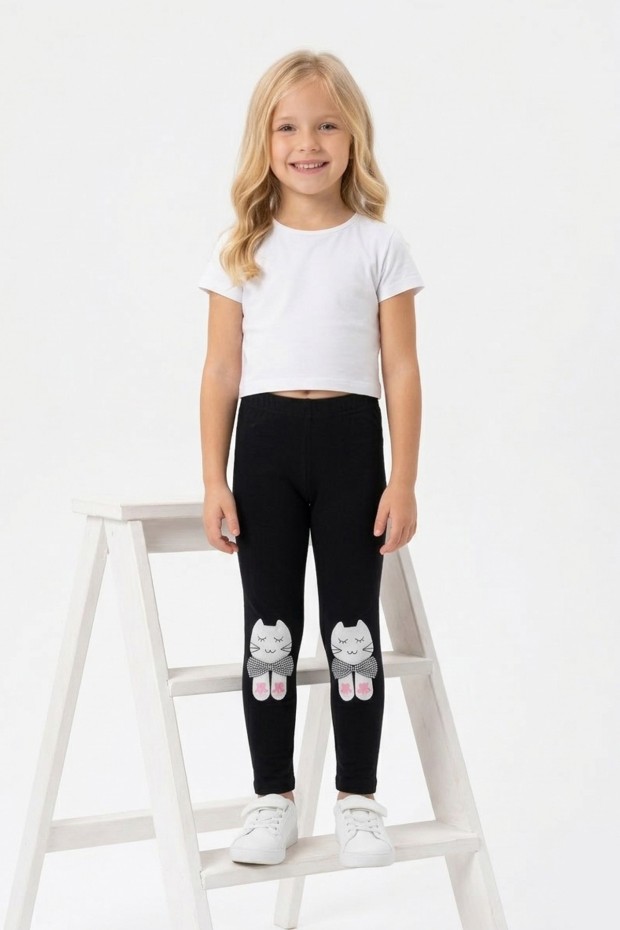 Kız Çocuk Kedi Nakışlı Ve Fiyonk Detaylı Esnek Pamuklu Tayt