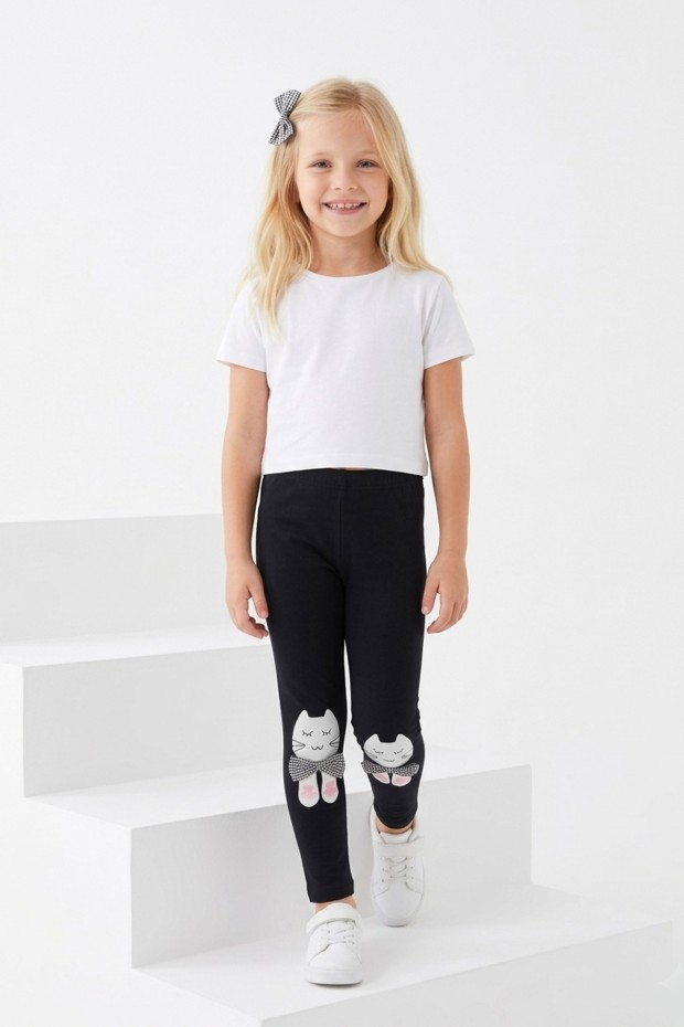 Kız Çocuk Kedi Nakışlı Ve Fiyonk Detaylı Esnek Pamuklu Tayt