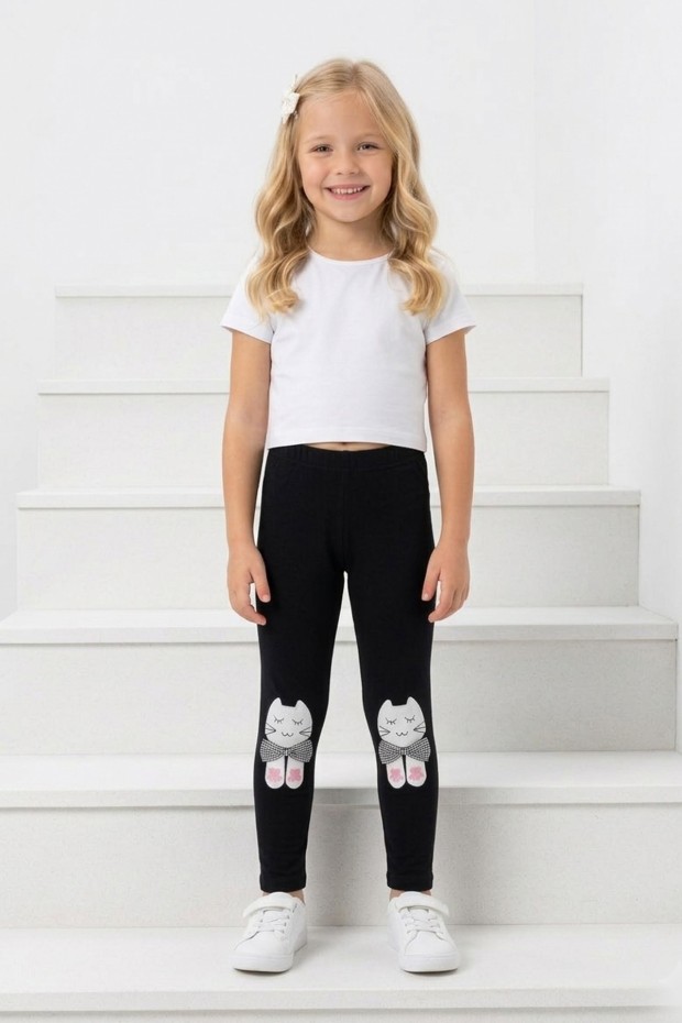 Kız Çocuk Kedi Nakışlı Ve Fiyonk Detaylı Esnek Pamuklu Tayt