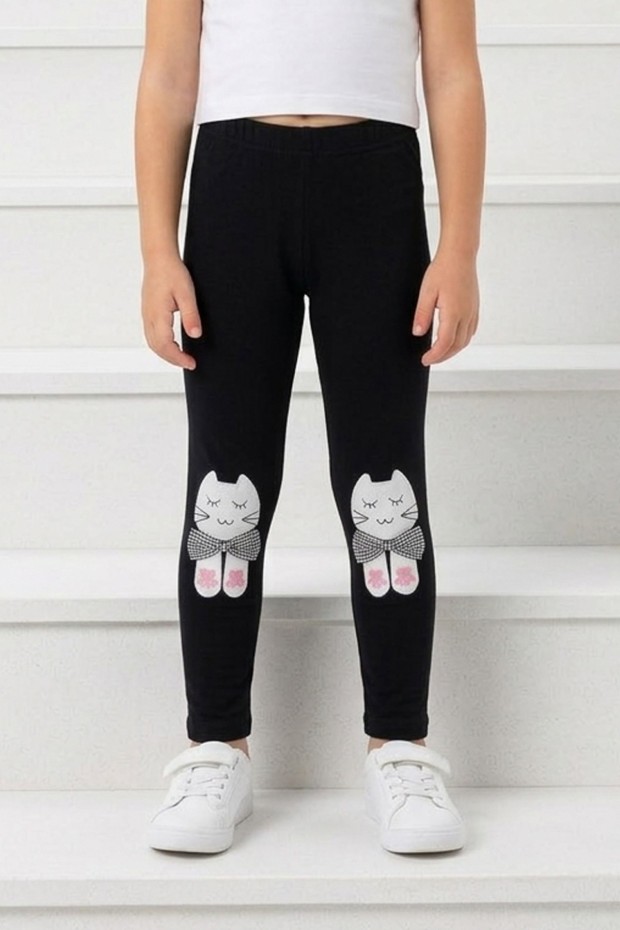 Kız Çocuk Kedi Nakışlı Ve Fiyonk Detaylı Esnek Pamuklu Tayt