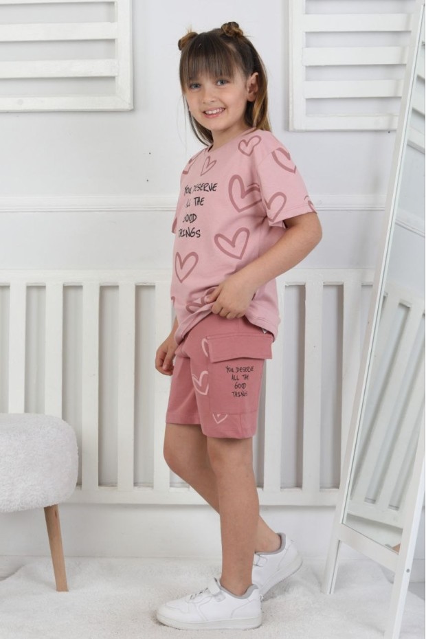 Kız Çocuk %100 Pamuk Reaktif Boyama Kalp Desenli Kısa Kollu Şortlu Takımı