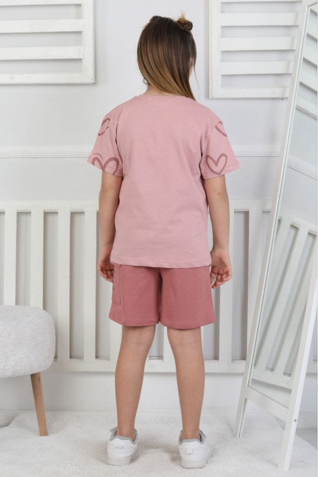 Kız Çocuk %100 Pamuk Reaktif Boyama Kalp Desenli Kısa Kollu Şortlu Takımı