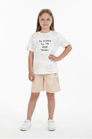 Kız Çocuk %100 Pamuk Reaktif Boyama Kalp Desenli Kısa Kollu Şortlu Takımı