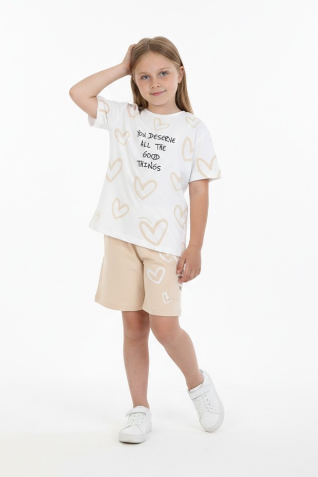Kız Çocuk %100 Pamuk Reaktif Boyama Kalp Desenli Kısa Kollu Şortlu Takımı